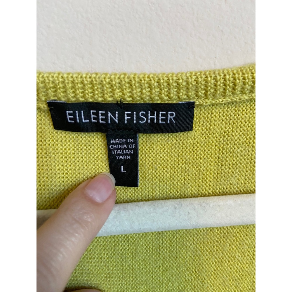 Eileen Fisher Merino Wool V-Neck Sweater Chartreuse Green Boxy High-Low Large - Picture 2 of 6